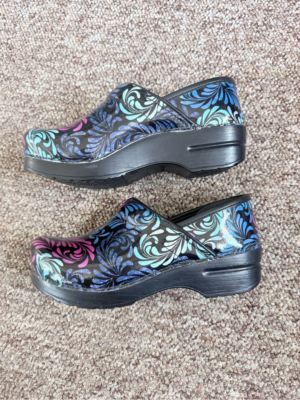 Dansko Black Clogs with Pink & Blue Floral Swirl - Picture 7 of 8